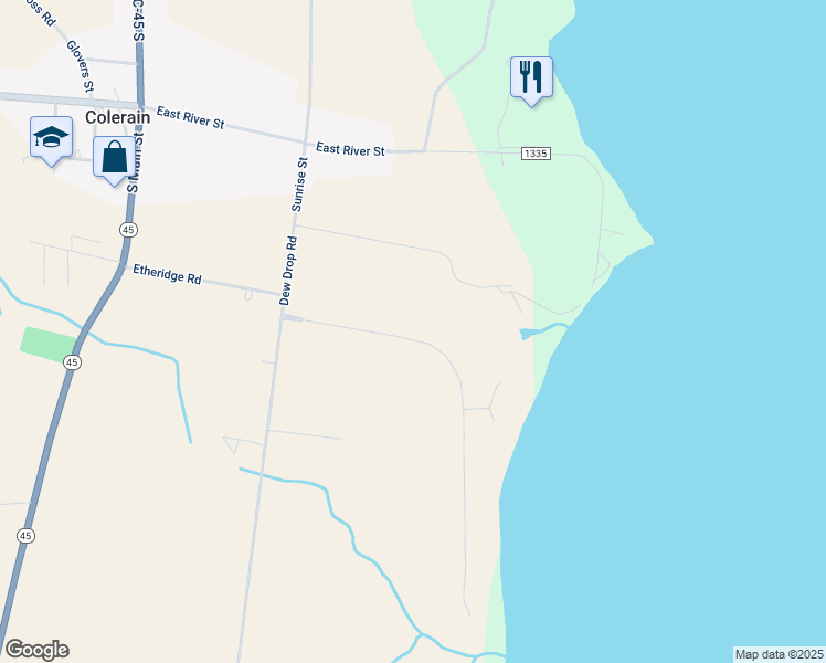 map of restaurants, bars, coffee shops, grocery stores, and more near 127 Chowan Shores Drive in Colerain