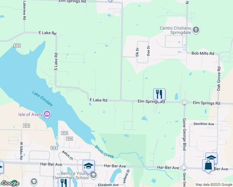 map of restaurants, bars, coffee shops, grocery stores, and more near 909 South Elm Springs Road in Springdale