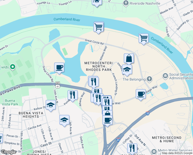 map of restaurants, bars, coffee shops, grocery stores, and more near 220 Athens Way in Nashville