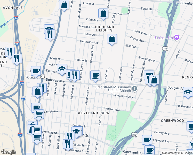 map of restaurants, bars, coffee shops, grocery stores, and more near in Nashville