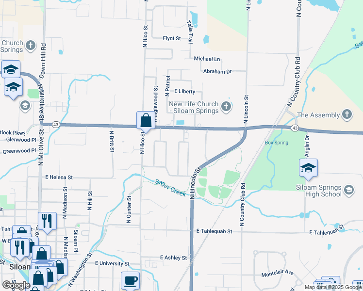 map of restaurants, bars, coffee shops, grocery stores, and more near 1205 Whipporwill Lane in Siloam Springs