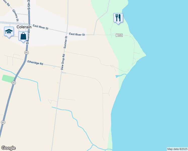 map of restaurants, bars, coffee shops, grocery stores, and more near 129 Chowan Shores Drive in Colerain