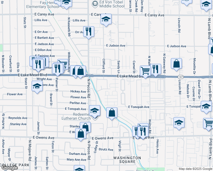 map of restaurants, bars, coffee shops, grocery stores, and more near 3652 Via Sonja Avenue in Las Vegas