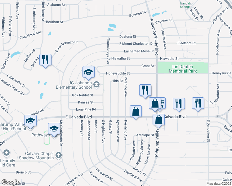 map of restaurants, bars, coffee shops, grocery stores, and more near 1670 Sycamore Avenue in Pahrump
