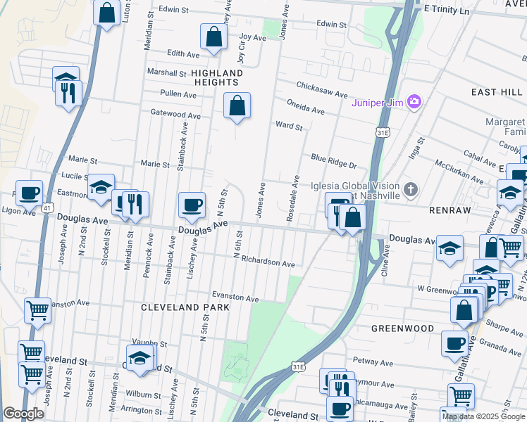 map of restaurants, bars, coffee shops, grocery stores, and more near 1364 Rosedale Court in Nashville