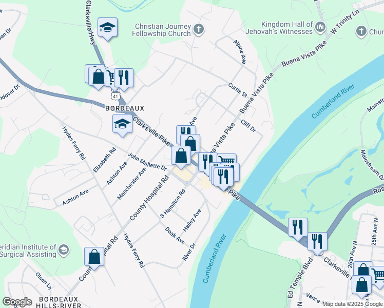 map of restaurants, bars, coffee shops, grocery stores, and more near 3209 Resha Lane in Nashville