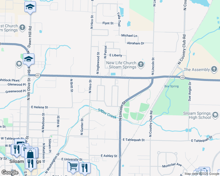 map of restaurants, bars, coffee shops, grocery stores, and more near 1205 Whipporwill Lane in Siloam Springs