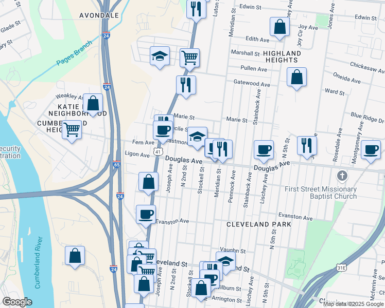 map of restaurants, bars, coffee shops, grocery stores, and more near 123 Douglas Avenue in Nashville