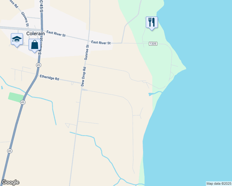 map of restaurants, bars, coffee shops, grocery stores, and more near 125 Chowan Shores Drive in Colerain