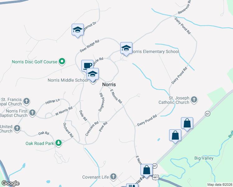 map of restaurants, bars, coffee shops, grocery stores, and more near in Norris