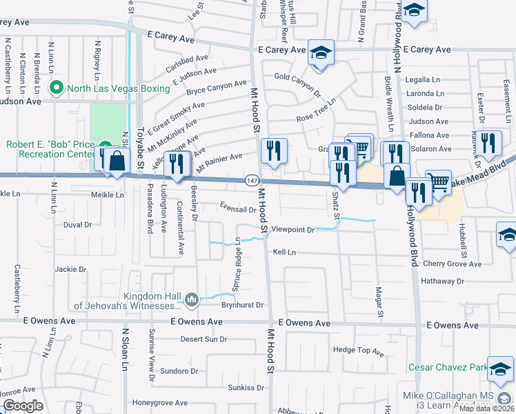 map of restaurants, bars, coffee shops, grocery stores, and more near 1932 Spindrift Court in Las Vegas