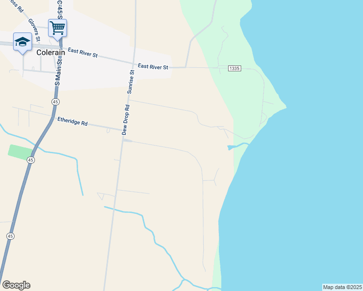 map of restaurants, bars, coffee shops, grocery stores, and more near 127 Chowan Shores Drive in Colerain