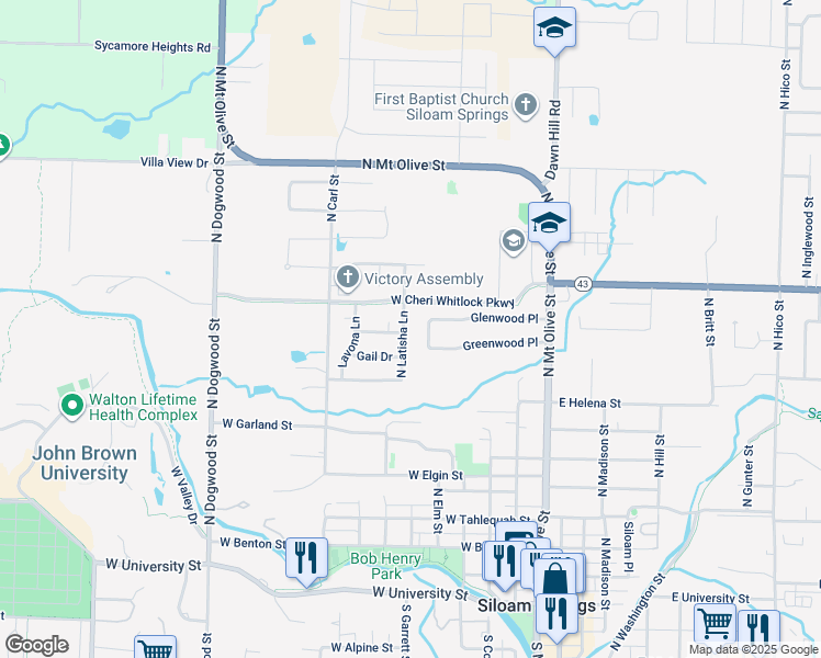 map of restaurants, bars, coffee shops, grocery stores, and more near 1305 North Latisha Lane in Siloam Springs