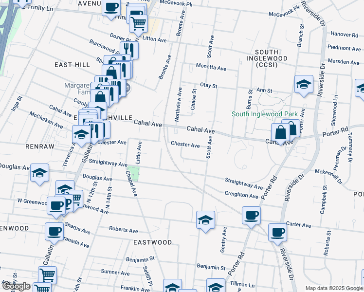map of restaurants, bars, coffee shops, grocery stores, and more near 1403 Chester Avenue in Nashville