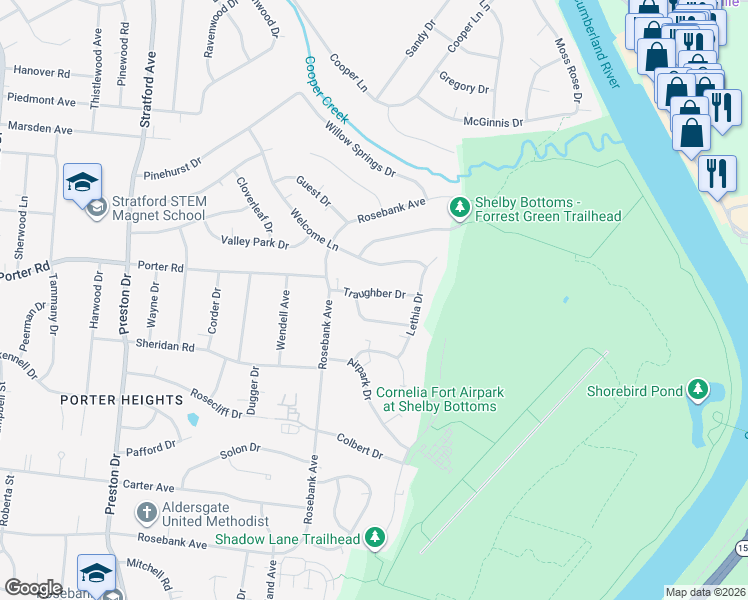 map of restaurants, bars, coffee shops, grocery stores, and more near 2610 Traughber Drive in Nashville
