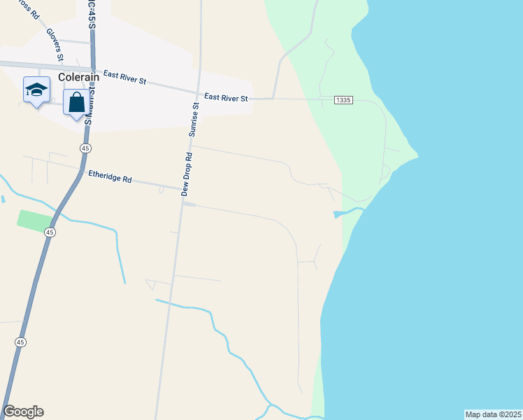map of restaurants, bars, coffee shops, grocery stores, and more near 125 Chowan Shores Drive in Colerain
