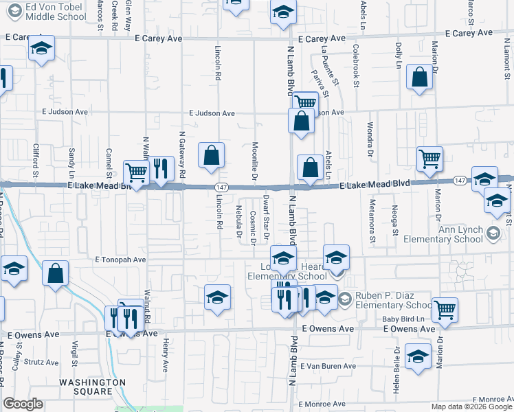 map of restaurants, bars, coffee shops, grocery stores, and more near 1982 Nebula Drive in Las Vegas