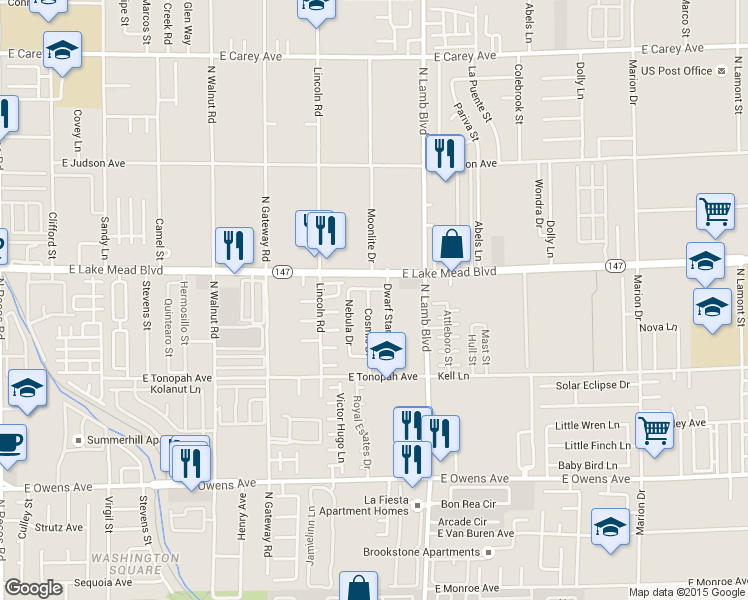 map of restaurants, bars, coffee shops, grocery stores, and more near 1982 Nebula Drive in Las Vegas