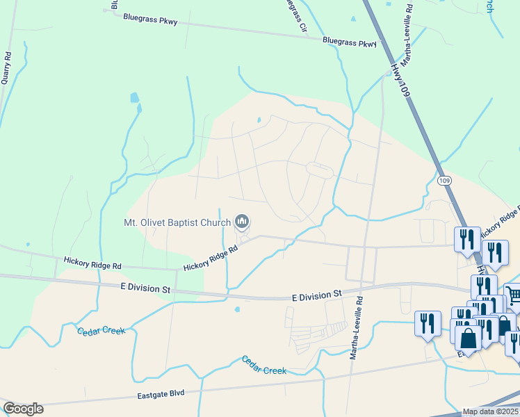 map of restaurants, bars, coffee shops, grocery stores, and more near 7297-7425 Hickory Ridge Road in Mount Juliet