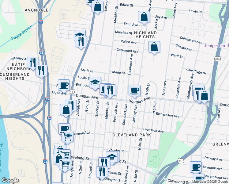 map of restaurants, bars, coffee shops, grocery stores, and more near 1316 Pennock Avenue in Nashville