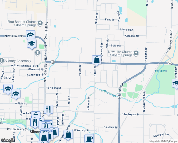 map of restaurants, bars, coffee shops, grocery stores, and more near 905 Meghan Street in Siloam Springs