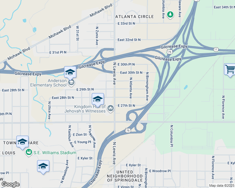 map of restaurants, bars, coffee shops, grocery stores, and more near 2819 North Lewis Avenue in Tulsa