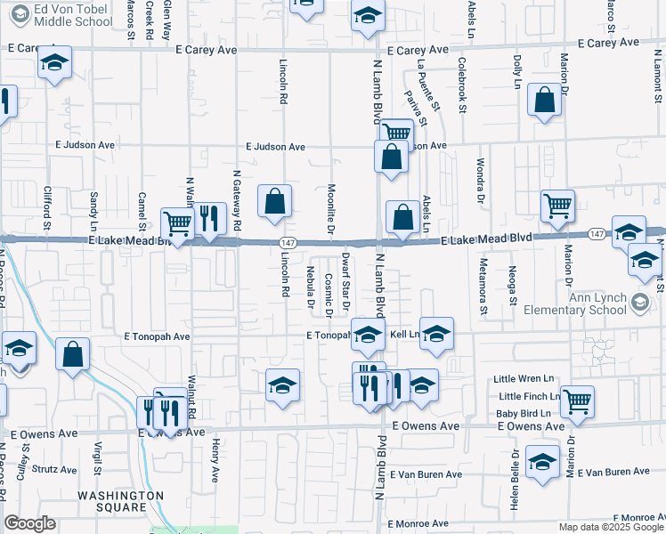map of restaurants, bars, coffee shops, grocery stores, and more near 1962 Cosmic Drive in Las Vegas