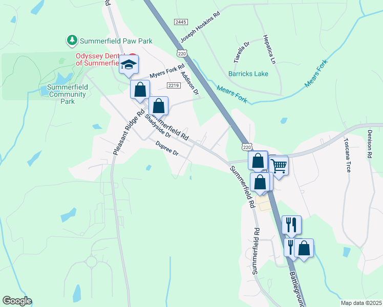 map of restaurants, bars, coffee shops, grocery stores, and more near 7123 Summerfield Road in Summerfield