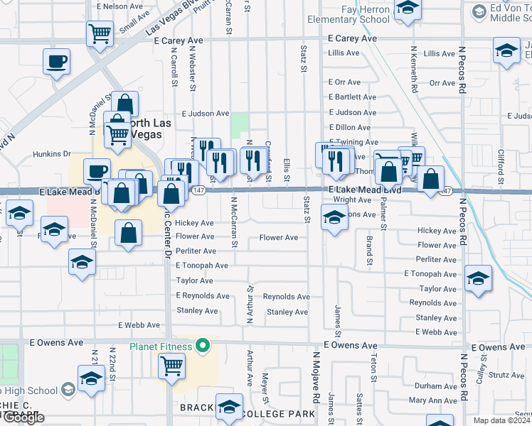 map of restaurants, bars, coffee shops, grocery stores, and more near 2801 Emmons Avenue in North Las Vegas