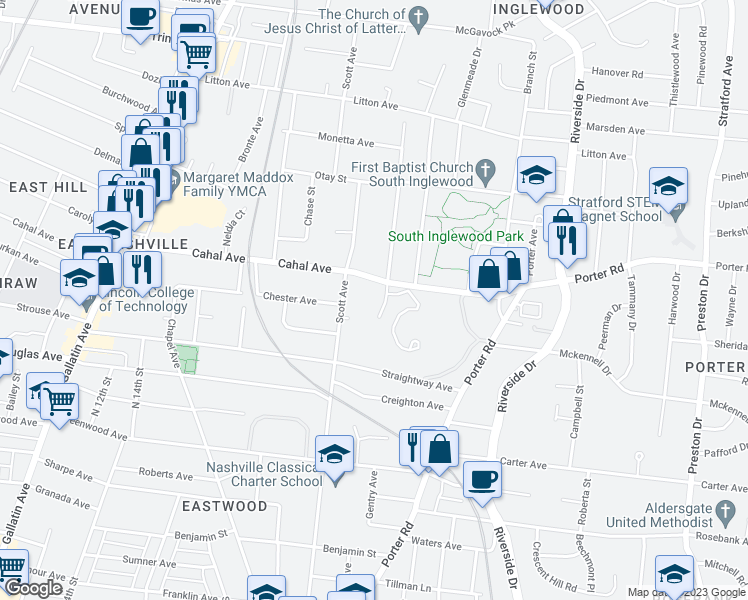 map of restaurants, bars, coffee shops, grocery stores, and more near 2516 Pennington Avenue in Nashville