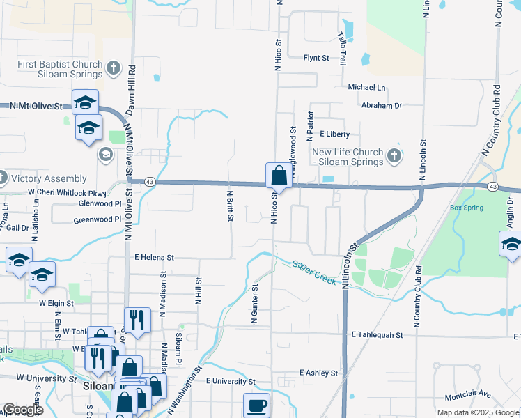 map of restaurants, bars, coffee shops, grocery stores, and more near 905 Meghan Street in Siloam Springs