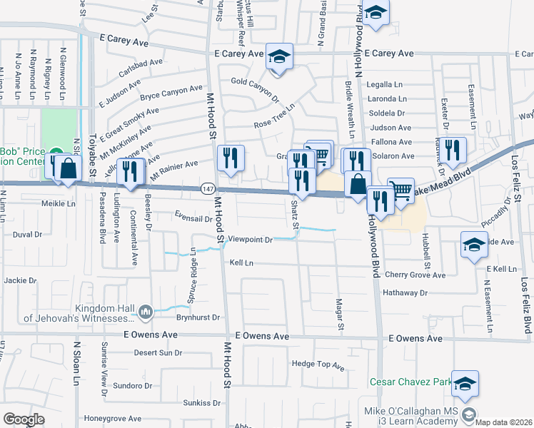 map of restaurants, bars, coffee shops, grocery stores, and more near 6424 Strongbow Drive in Las Vegas