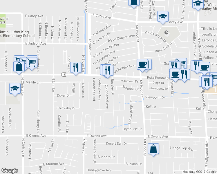 map of restaurants, bars, coffee shops, grocery stores, and more near 1952 Continental Avenue in Las Vegas