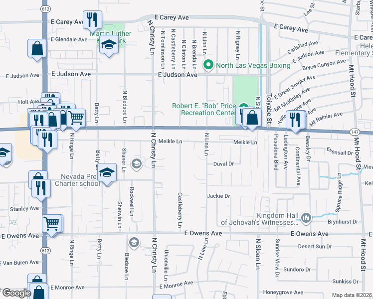map of restaurants, bars, coffee shops, grocery stores, and more near 1914 Castleberry Lane in Las Vegas