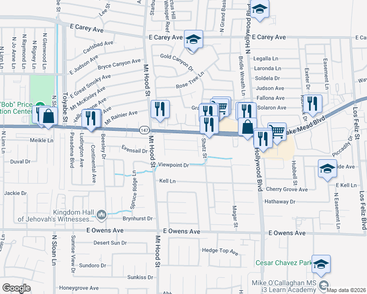 map of restaurants, bars, coffee shops, grocery stores, and more near 6424 Strongbow Drive in Las Vegas
