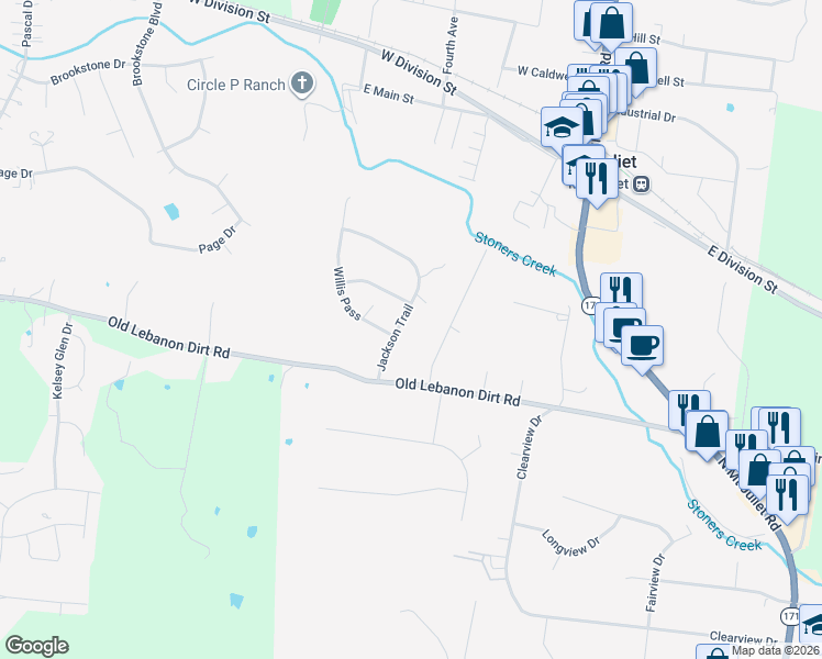 map of restaurants, bars, coffee shops, grocery stores, and more near 208 Jackson Trail in Mt. Juliet