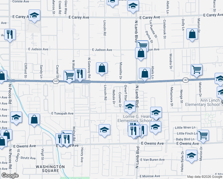 map of restaurants, bars, coffee shops, grocery stores, and more near 1982 Nebula Drive in Las Vegas