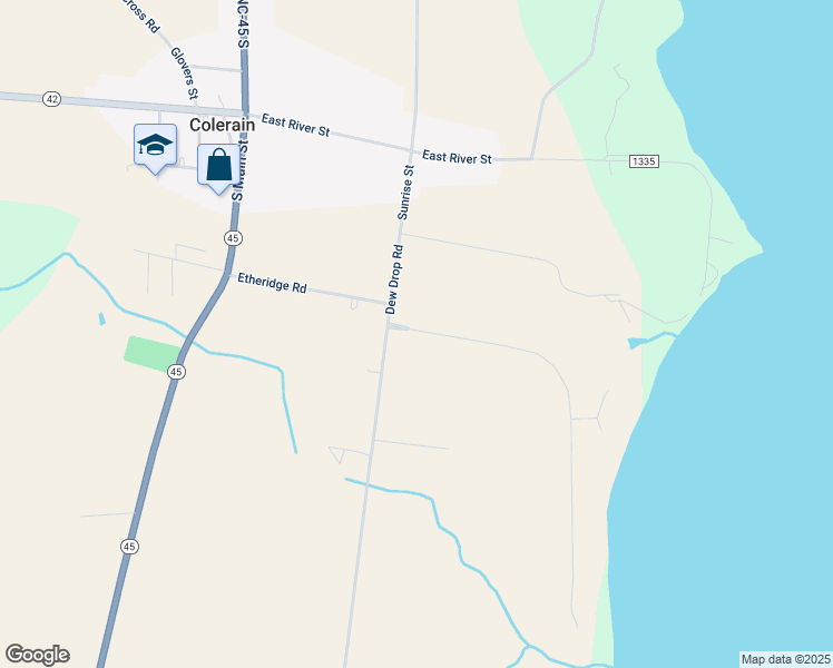 map of restaurants, bars, coffee shops, grocery stores, and more near 112 Chowan Shores Drive in Colerain