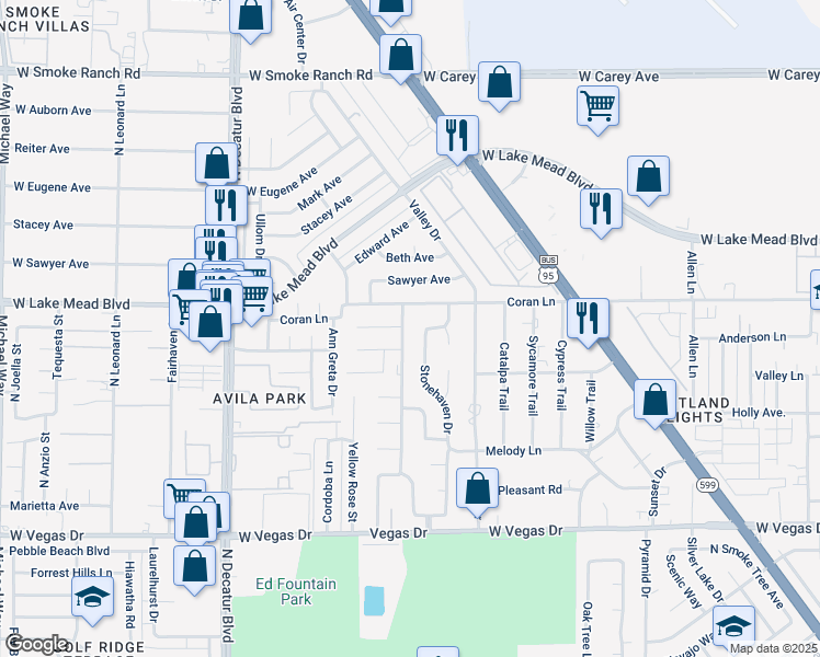 map of restaurants, bars, coffee shops, grocery stores, and more near 1912 Parkchester Drive in Las Vegas