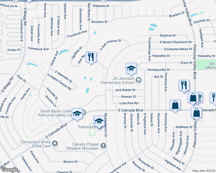 map of restaurants, bars, coffee shops, grocery stores, and more near 3016 Mount Charleston Drive in Pahrump