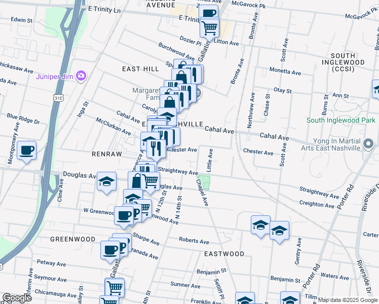 map of restaurants, bars, coffee shops, grocery stores, and more near 1127A Chester Avenue in Nashville