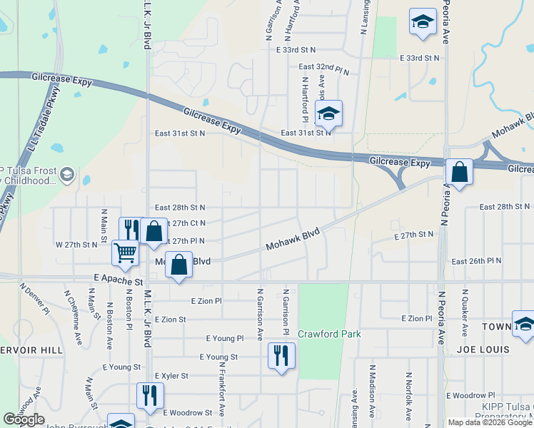 map of restaurants, bars, coffee shops, grocery stores, and more near 608 East 28th Street North in Tulsa