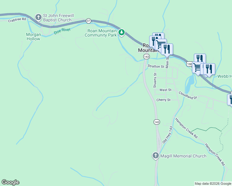map of restaurants, bars, coffee shops, grocery stores, and more near 142 Laurel Highlands Road in Roan Mountain