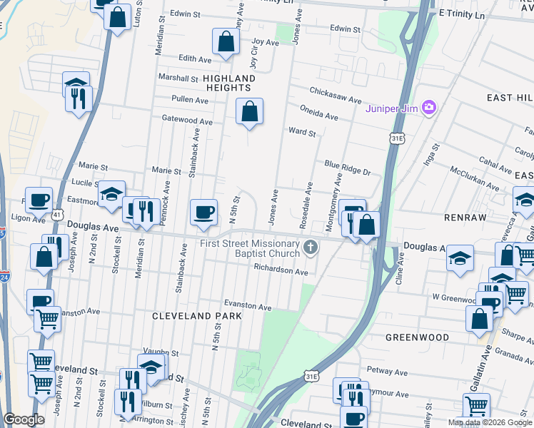 map of restaurants, bars, coffee shops, grocery stores, and more near 1313 North 6th Street in Nashville
