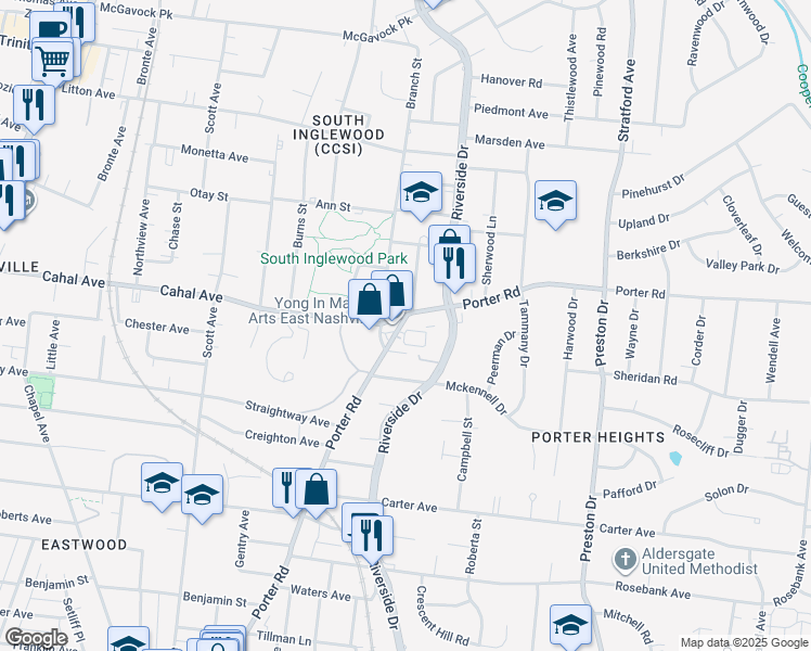 map of restaurants, bars, coffee shops, grocery stores, and more near 1509 Porter Road in Nashville