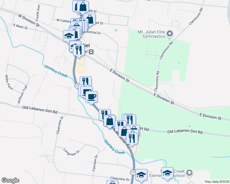 map of restaurants, bars, coffee shops, grocery stores, and more near 4675 Old Lebanon Dirt Road in Mt. Juliet