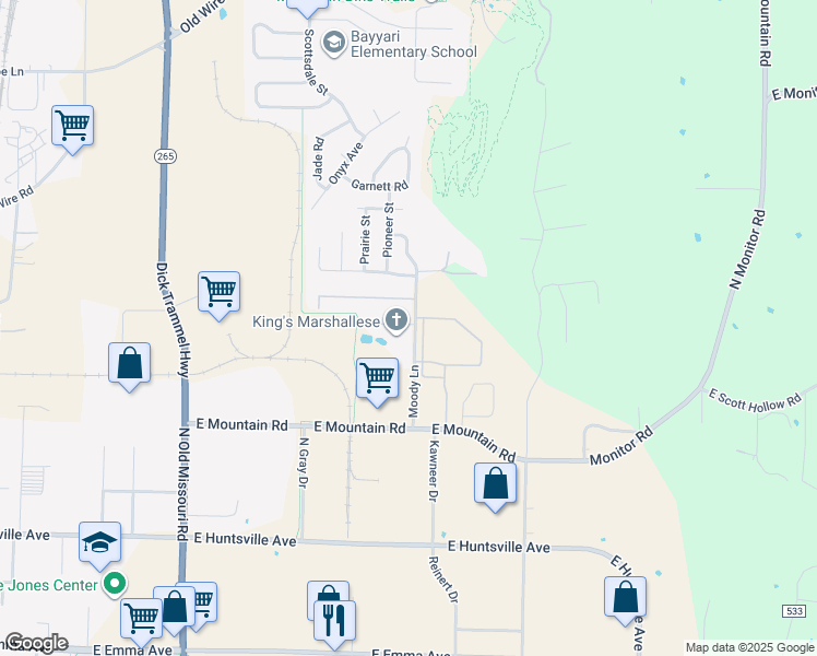 map of restaurants, bars, coffee shops, grocery stores, and more near 1246 Moody Lane in Springdale