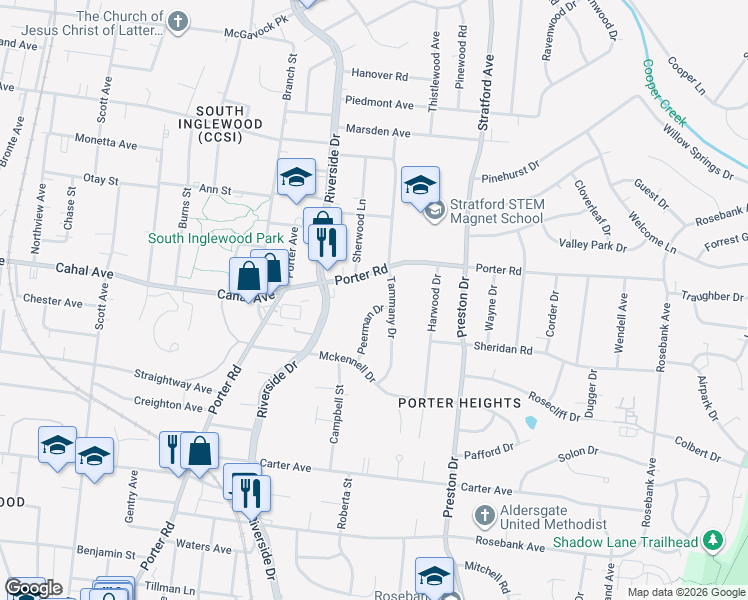 map of restaurants, bars, coffee shops, grocery stores, and more near 1620 Peerman Drive in Nashville