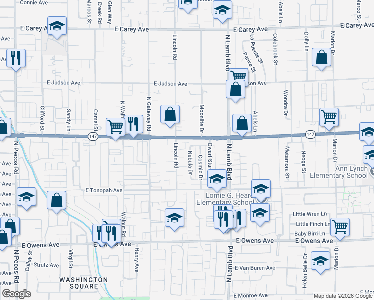 map of restaurants, bars, coffee shops, grocery stores, and more near 1982 Nebula Drive in Las Vegas