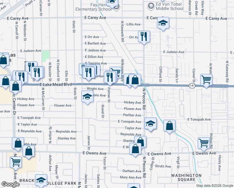 map of restaurants, bars, coffee shops, grocery stores, and more near 3409 Wright Avenue in North Las Vegas